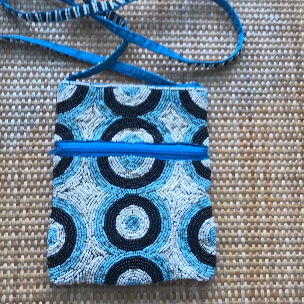 Beaded Modern Blue and Black Crossbody Bag with Geometric Design